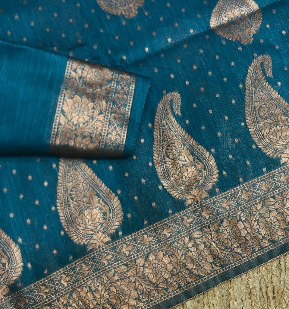 Dark violet and teal green in this of chanderi banarasi silk saree