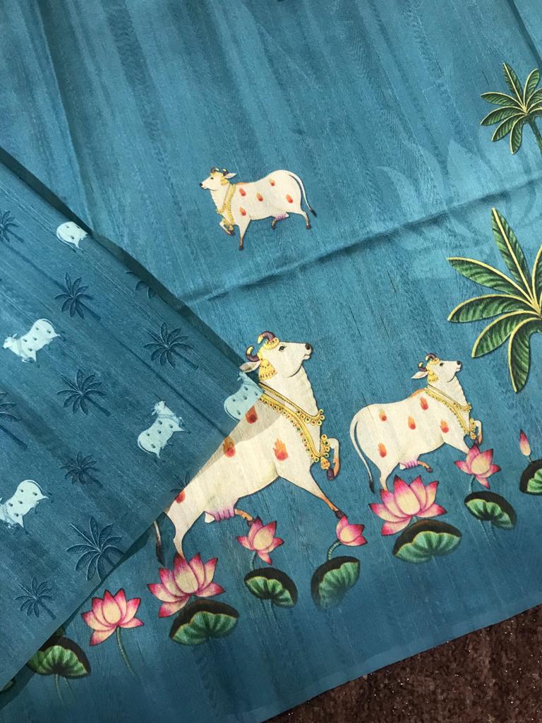 Digital pichuwai printed matka tussar silk saree