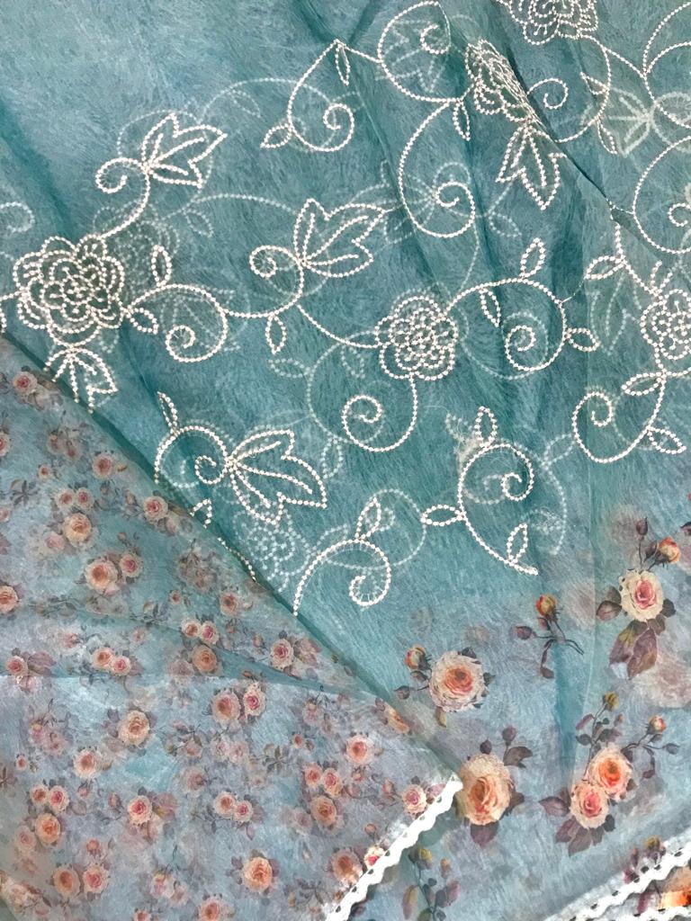 Floral print and embroidery work organza saree