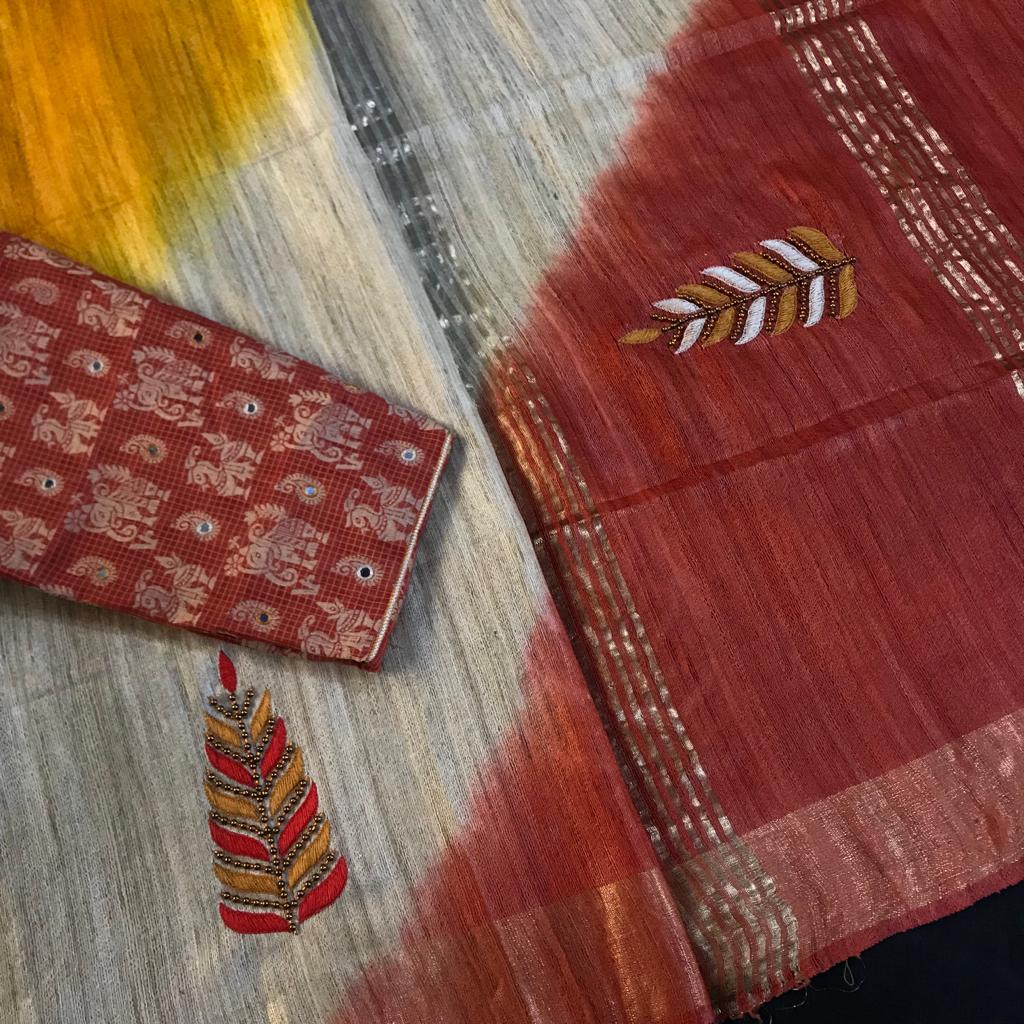 Hand made embroidery pure ghicha tusssar silk saree