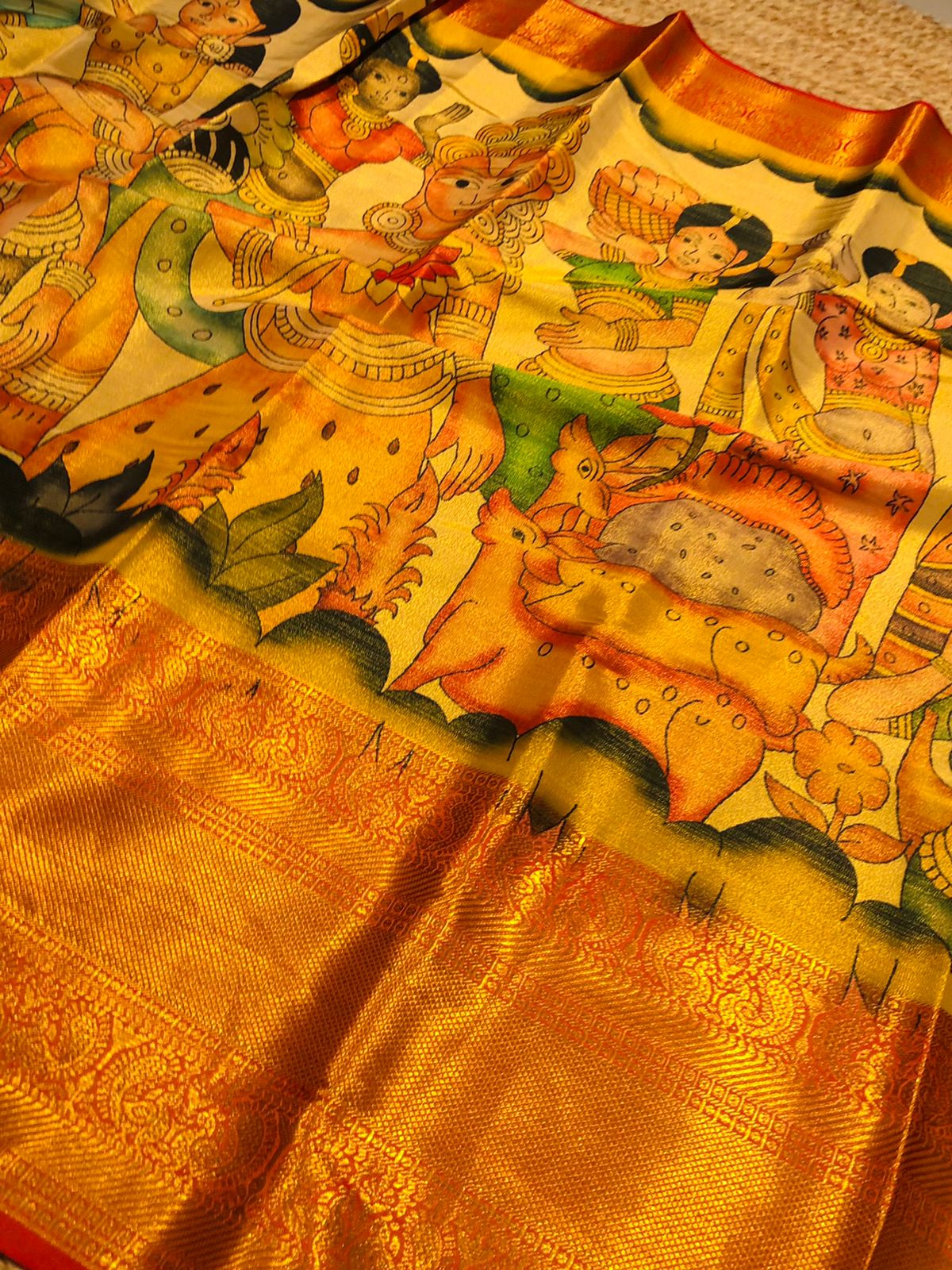 Heavy golden zari banarasi silk kalamkari print saree