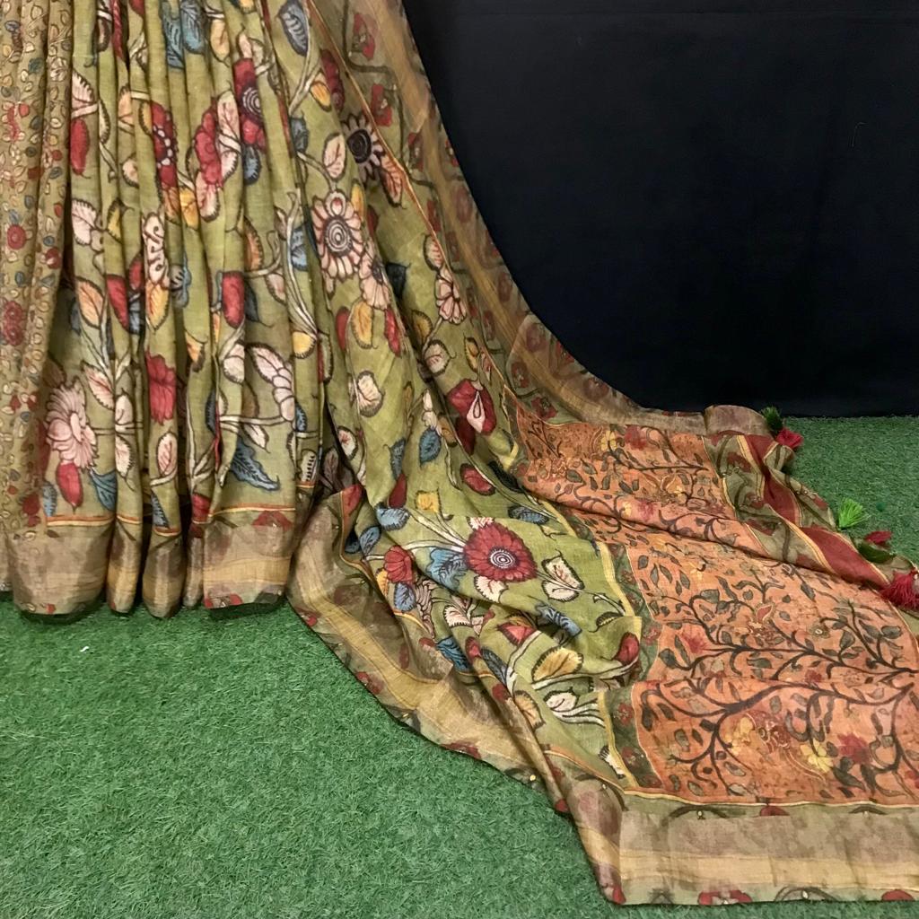 Kalamkari Linen Saree | AlankaranaIndia