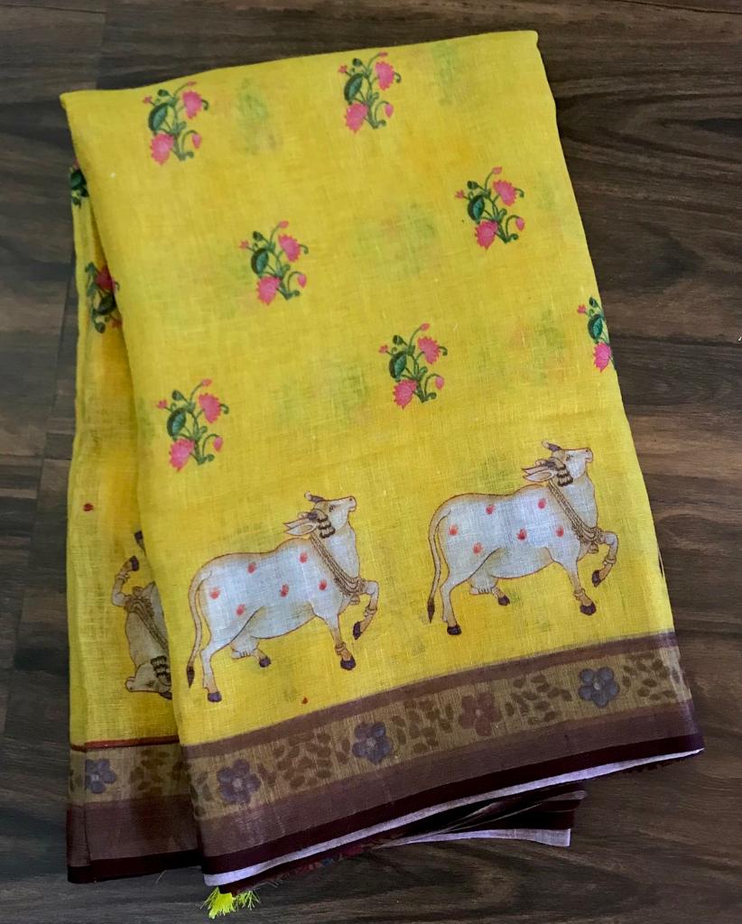 Kalamkari digital print 120 count pure organic linen saree - Vannamayil Fashions