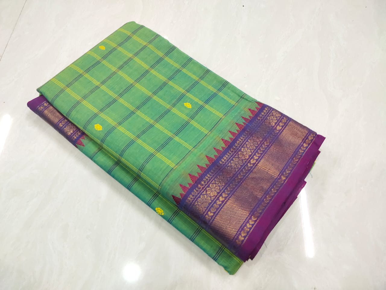 Green Tie & Dye Ganga Jamuna Border Sungudi Handloom Cotton Saree – Indiva