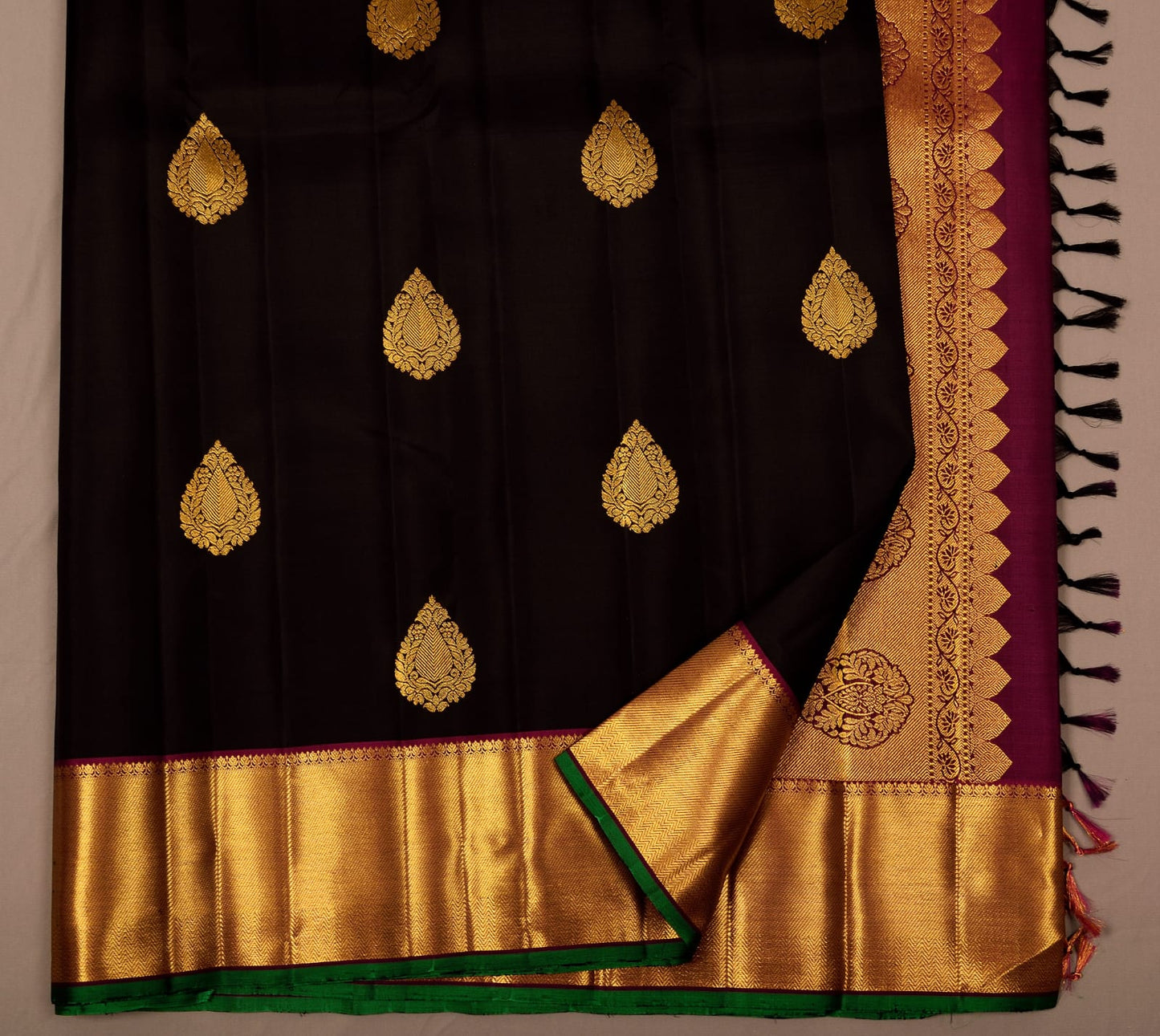 Kanchipuram black with magenta pure silk saree