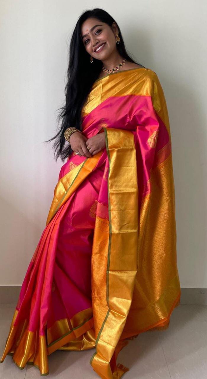 Kanchipuram pink and orange dual tone color pure silk saree
