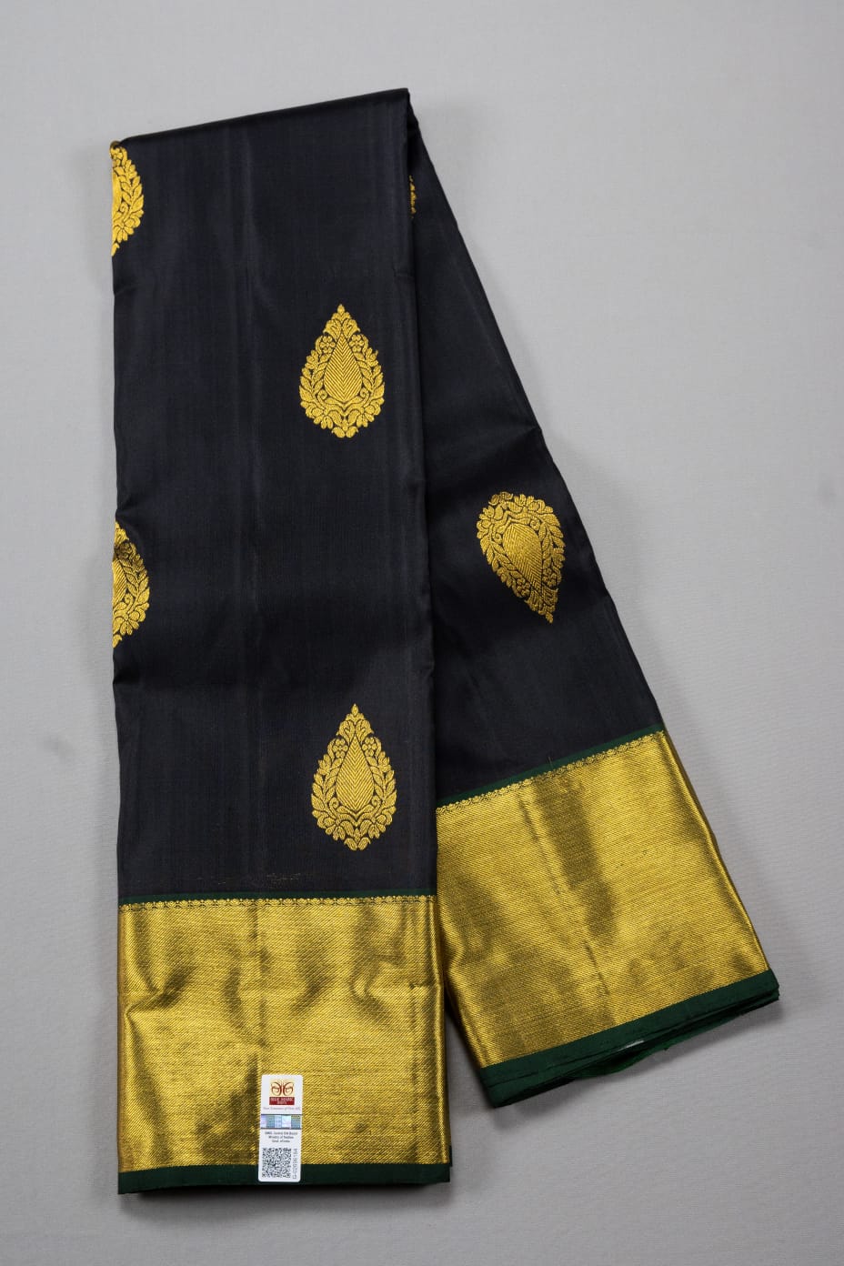Kanchipuram pure silk black with green color saree