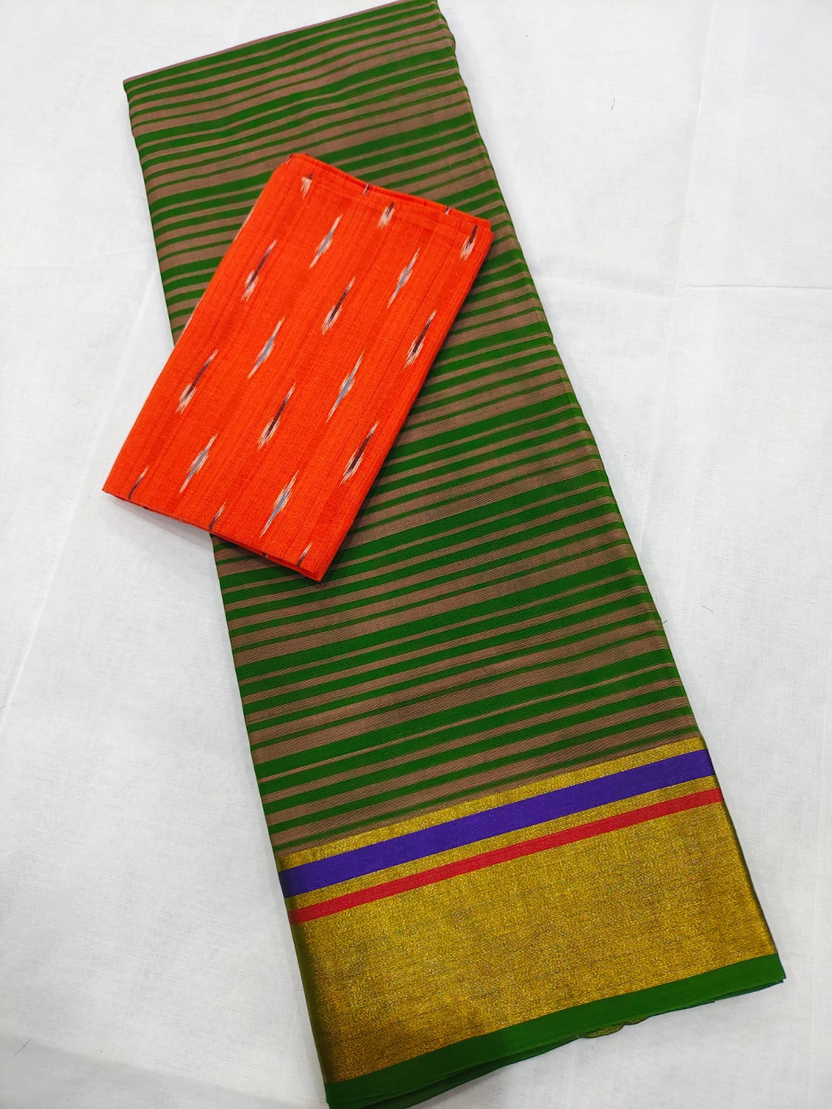 Mangalagiri cotton gold zari border stripe saree