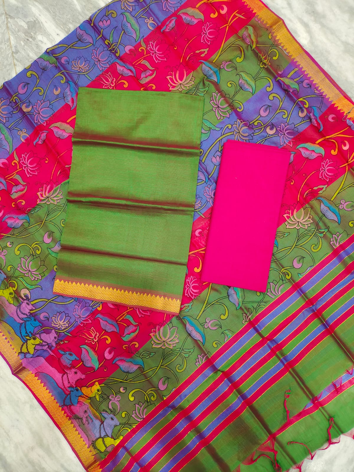 Mangalagiri pattu two side gold zari & pochampalli border digital printed dress material