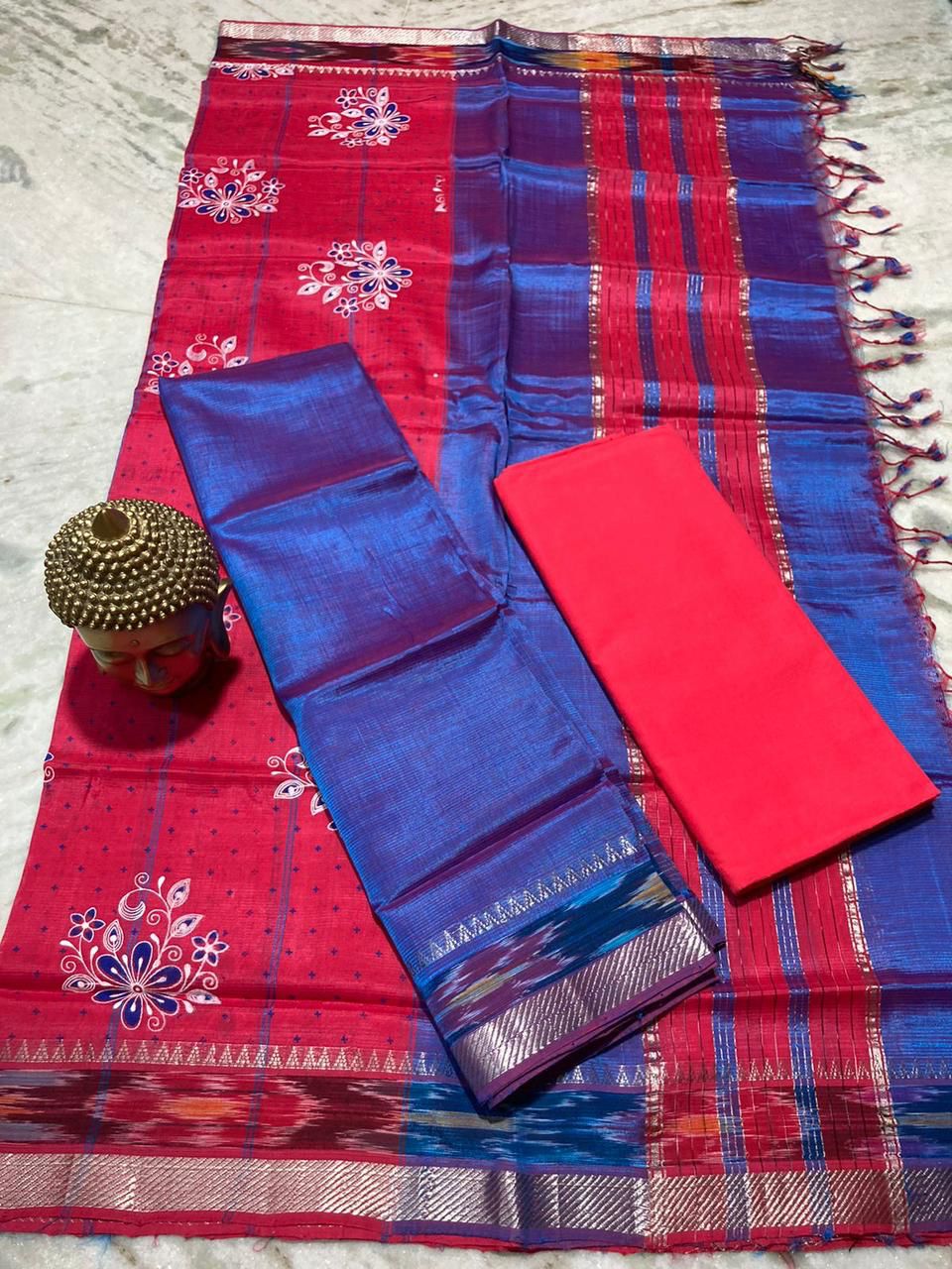 Red Tone Fusion Ikkat Cotton Dress Material With Dupatta And Bottom -  Loomfolks