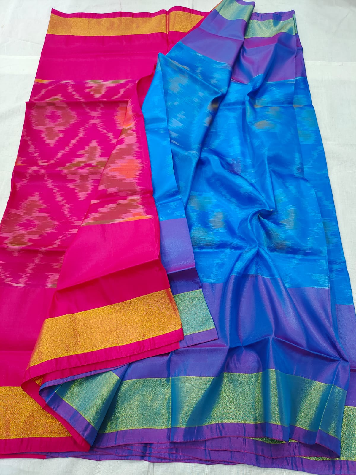 Pochampally ikkat parrot green with pink handwoven pure silk saree