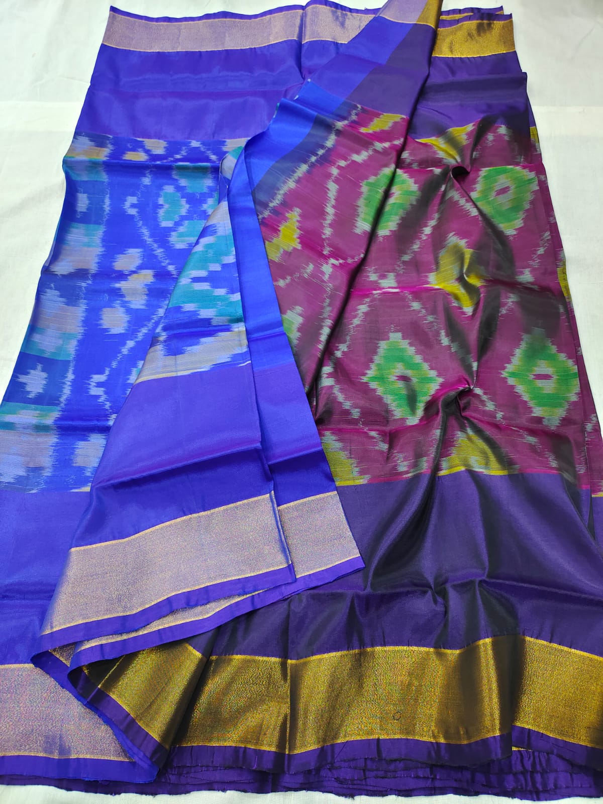 Sohum Sutras: Blue navratan design double ikat Pochampally saree