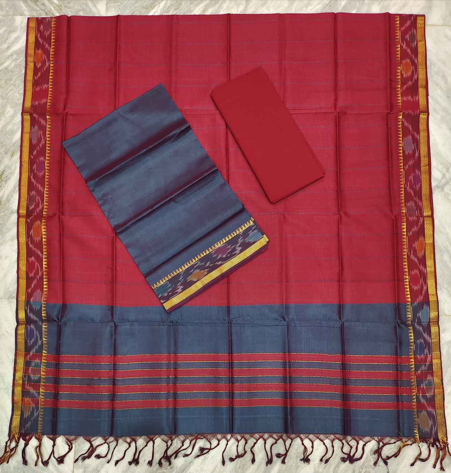 Mangalagiri pattu two side pochampalli zari border dress material set