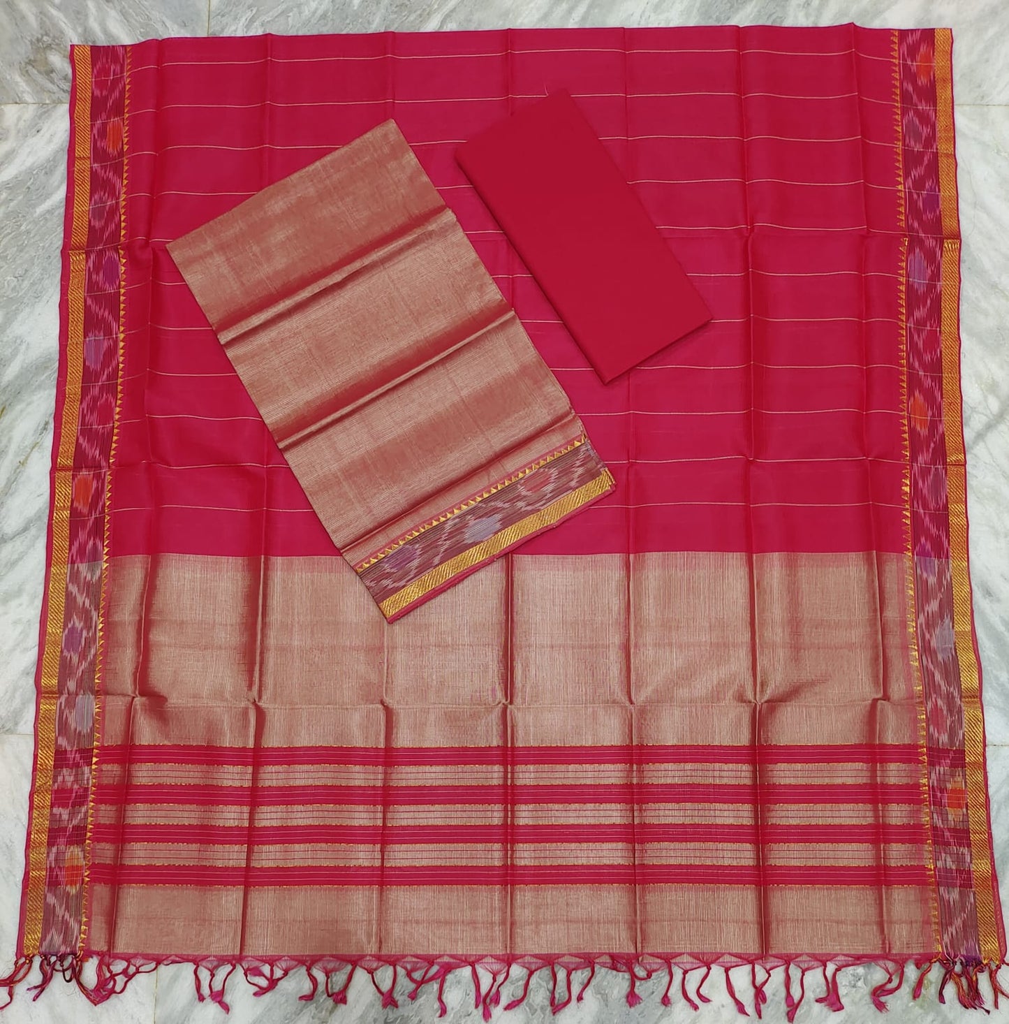 Mangalagiri pattu two side pochampalli zari border dress material set