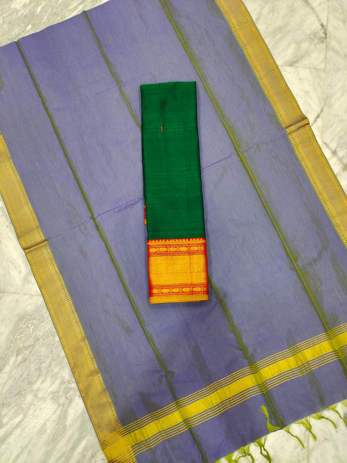 Mangalagiri pattu voni with zari border and cotton lehenga jacket set