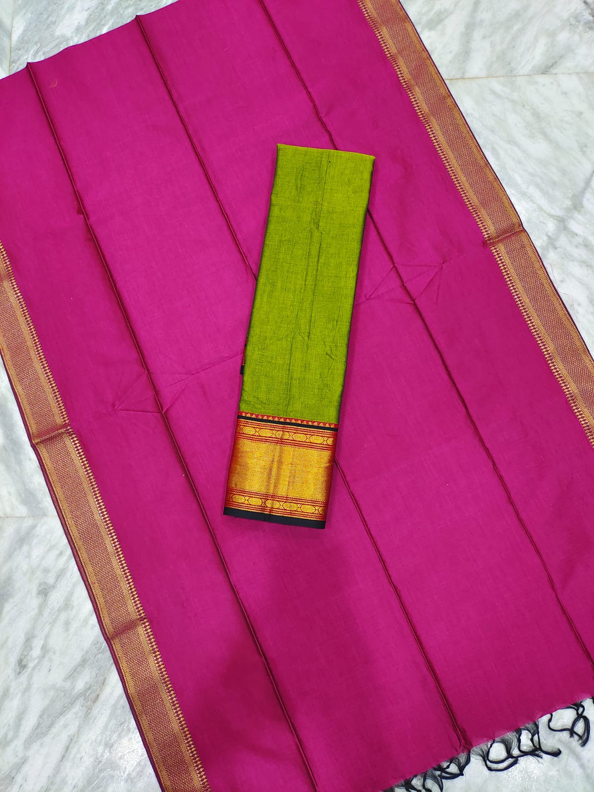 Mangalagiri pattu voni with zari border and cotton lehenga jacket set