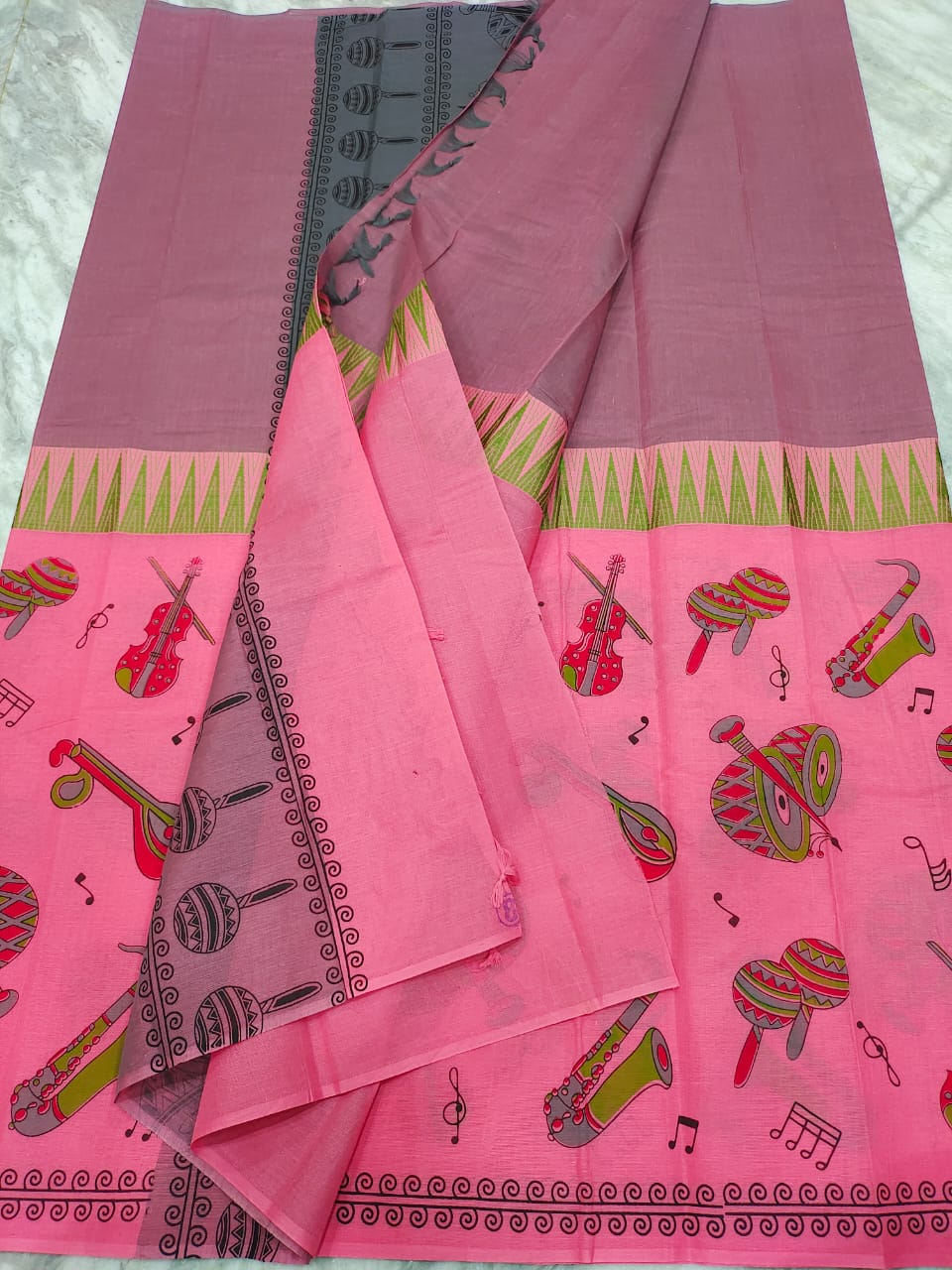 Mangalagiri pure cotton two colors middle temple border half plain half printed saree