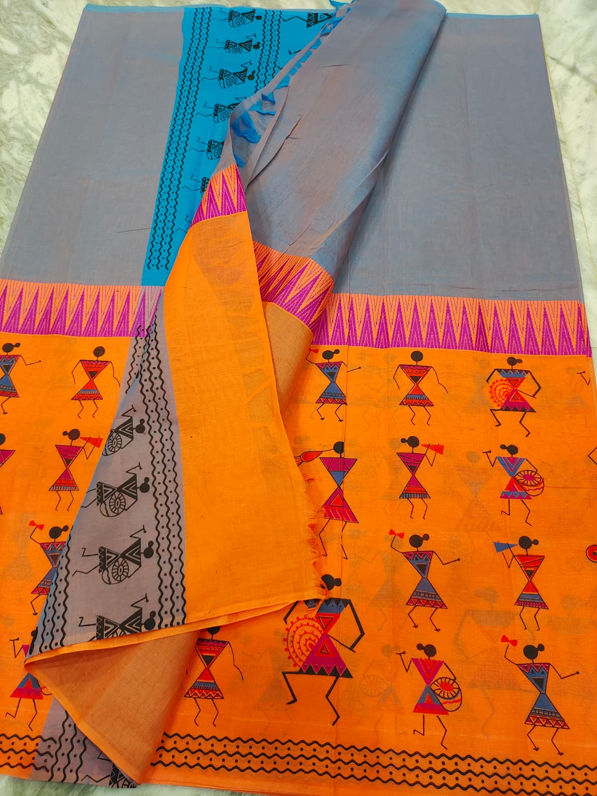 Mangalagiri pure cotton two colors middle temple border printed saree - Vannamayil Fashions