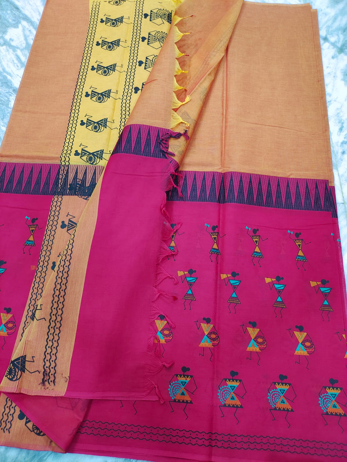 Mangalagiri pure cotton two colors middle temple border printed saree - Vannamayil Fashions
