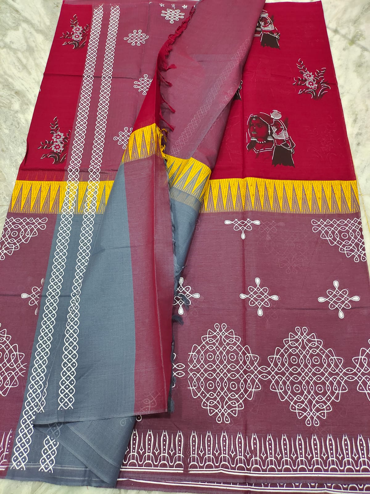 Mangalagiri pure cotton two colours middle temple border printed saree