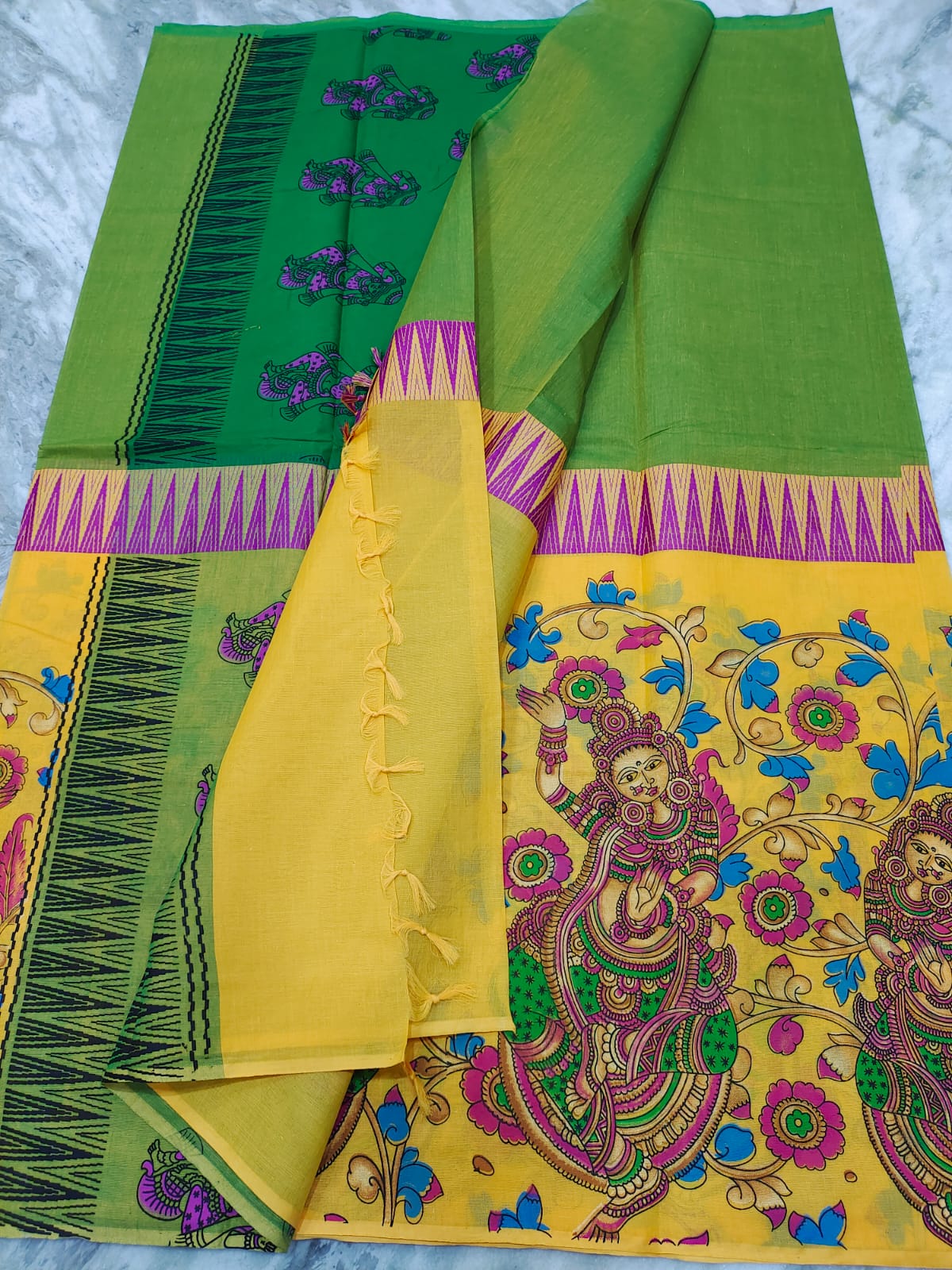 Mangalagiri pure cotton two colours middle temple border printed saree