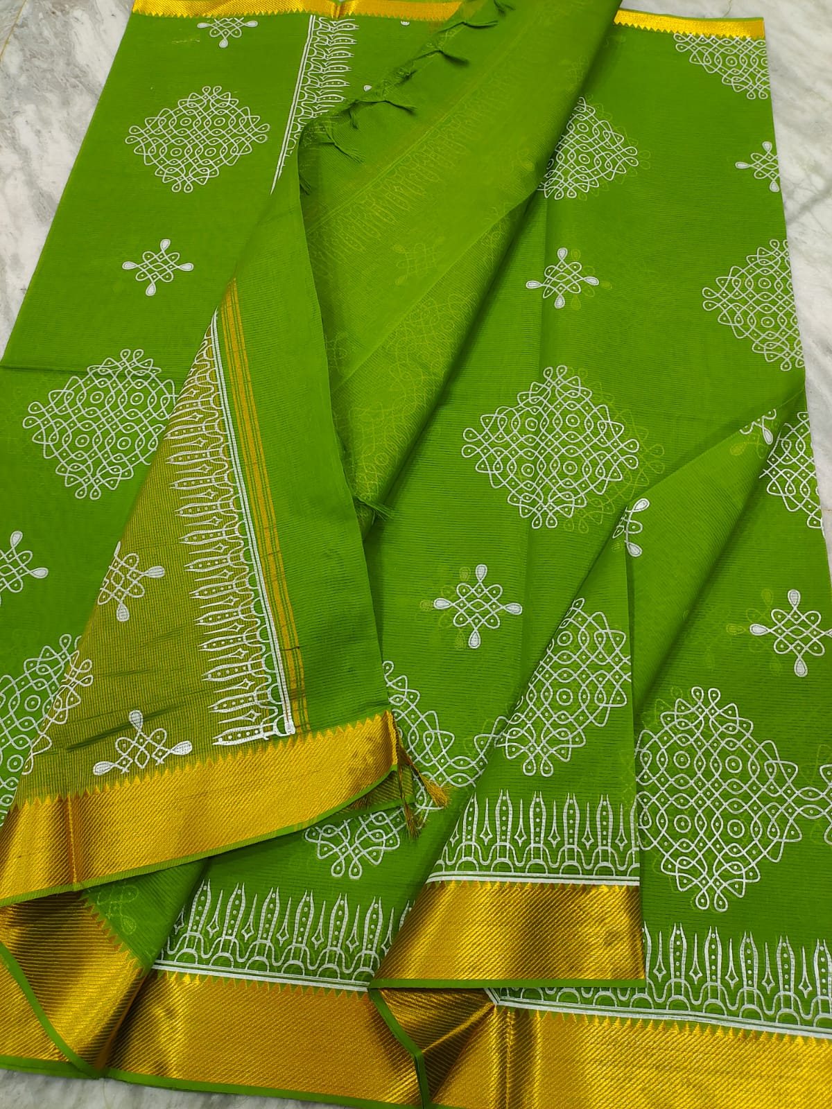 Mangalagiri pure handloom cotton saree traditional kolam printed work on saree - Vannamayil Fashions