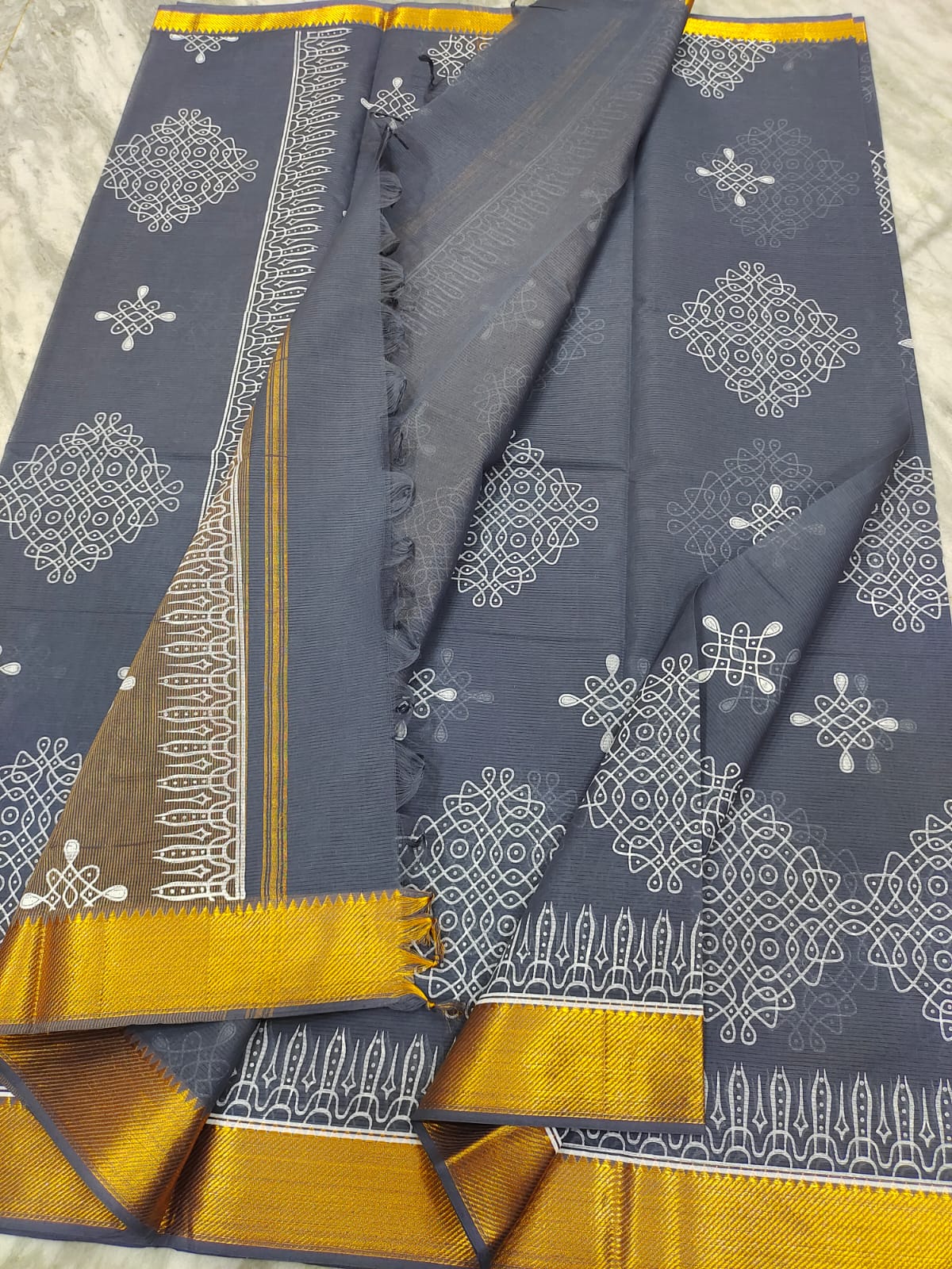 Mangalagiri pure handloom cotton saree traditional kolam printed work on saree - Vannamayil Fashions