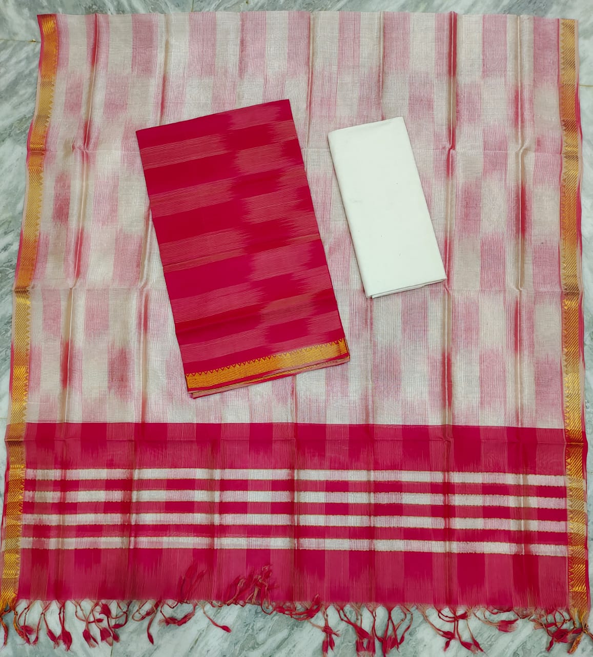 Mangalgiri pattu pochampalli zari border original ikkat design dress material set (unstitched) - Vannamayil Fashions