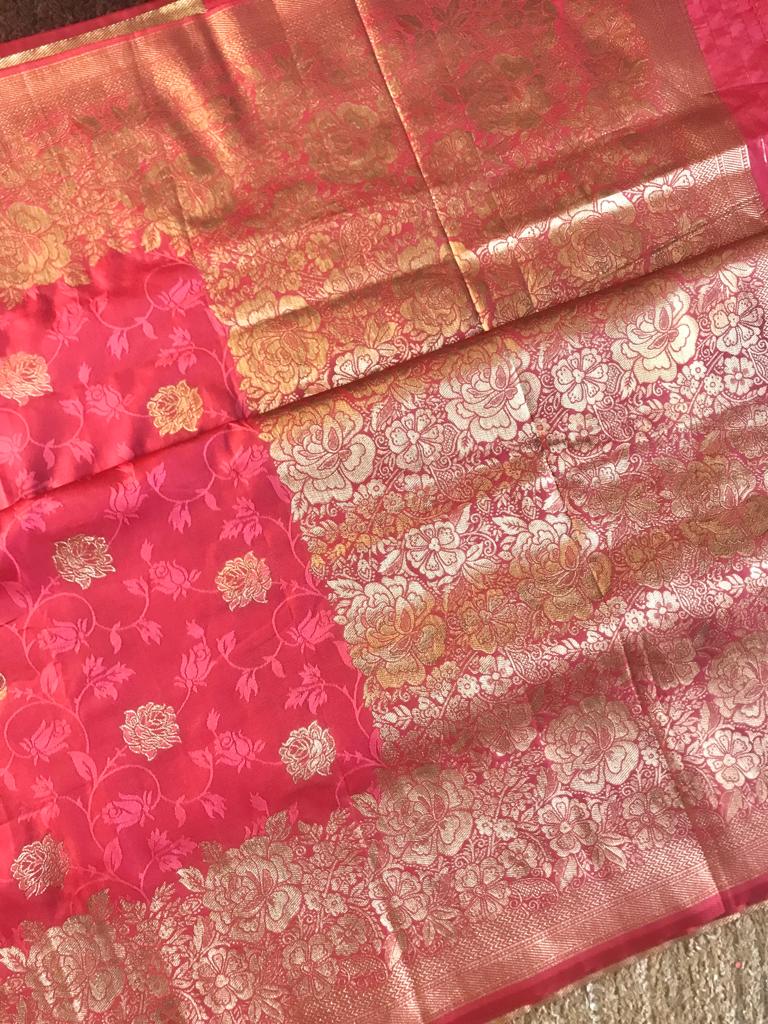 Mint green and soft pink katan banarasi silk saree
