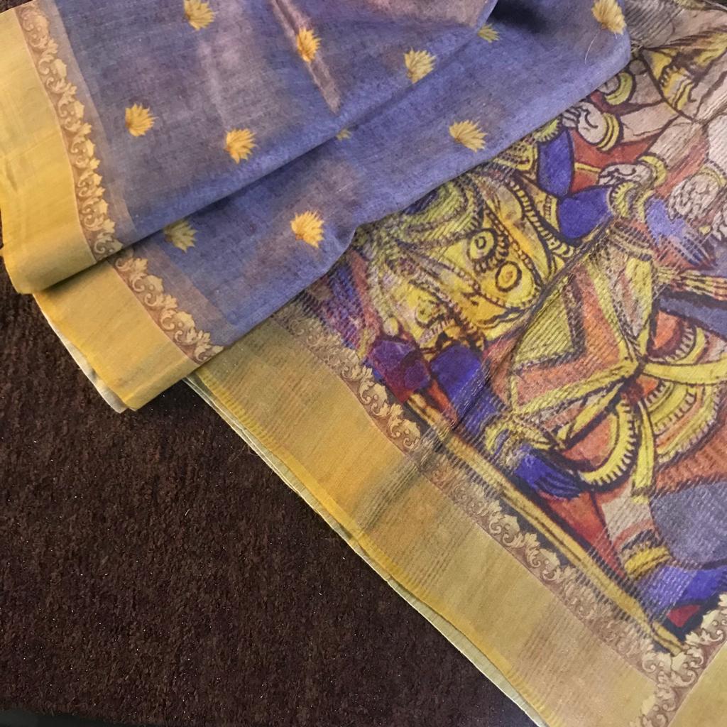 Monga tassar silk zari border original digital printed saree