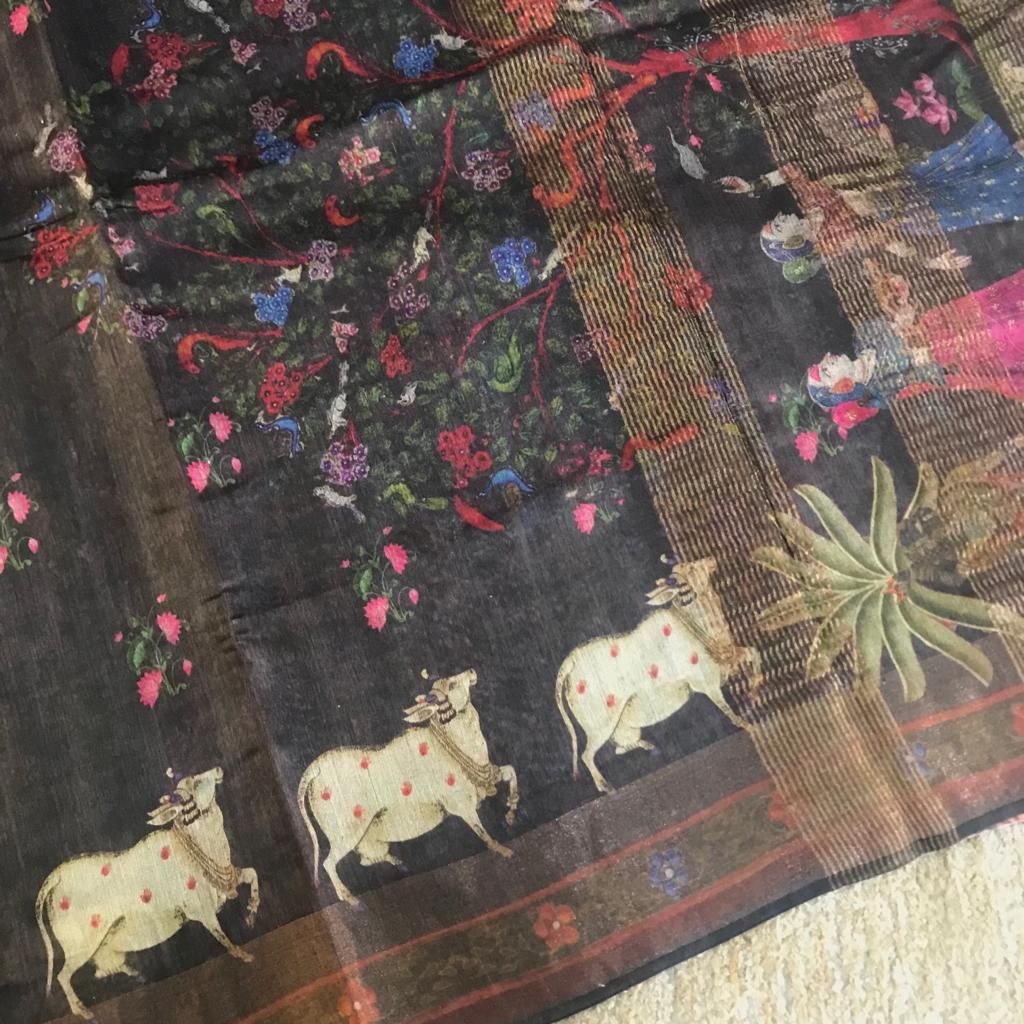 Monga tassar silk zari border original digital printed saree