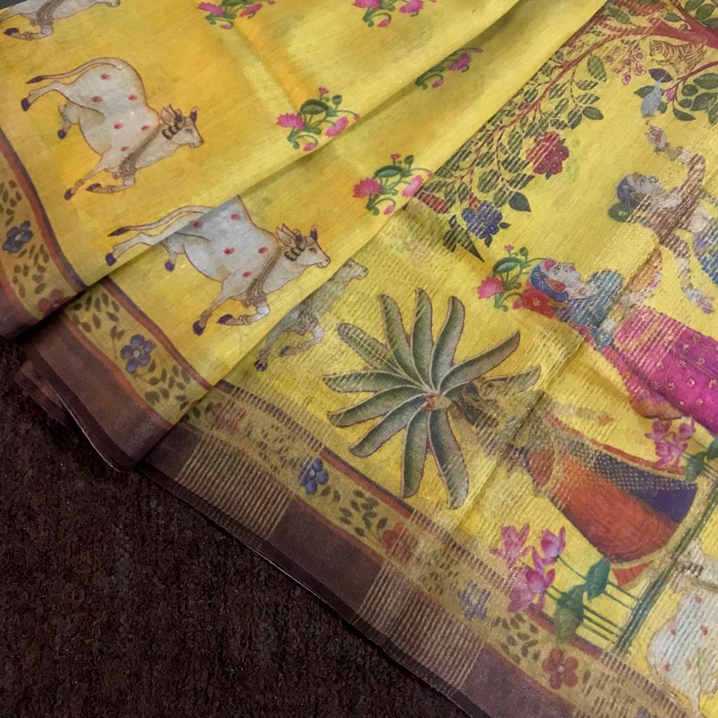 Monga tassar silk zari border original digital printed saree