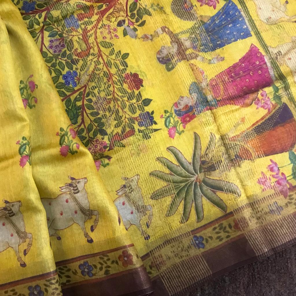 Monga tassar silk zari border original digital printed saree