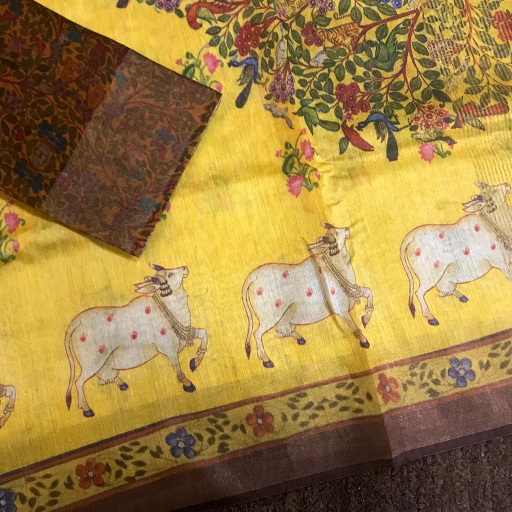 Monga tassar silk zari border original digital printed saree