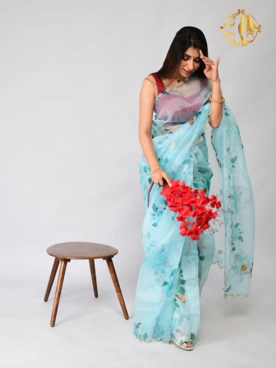Organza handwork(khatli work) digital printed saree - Vannamayil Fashions