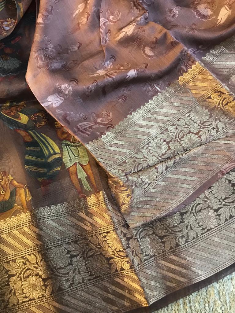 Original digital printed pure handwoven kora organza silk saree