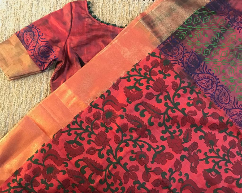 Patterned stitched blouses pairs with kalamkari block printed bagalpuri tussar cotton silk saree