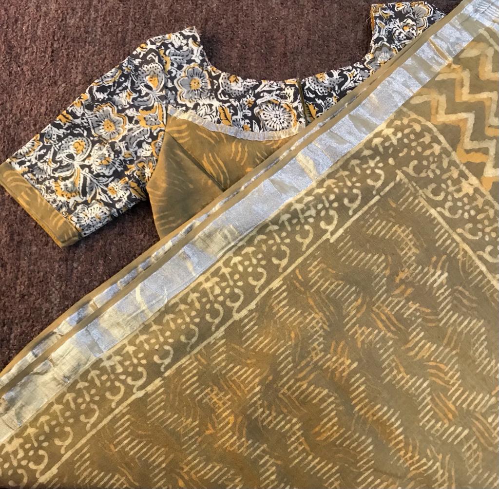 Patterned stitched blouses with bagru printed linen cotton saree