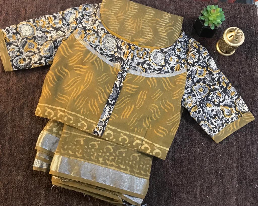 Patterned stitched blouses with bagru printed linen cotton saree