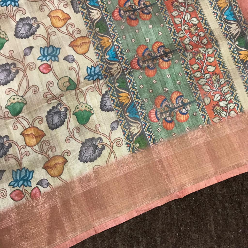 Pen kalamkari digital printed semi soft tussar silk saree