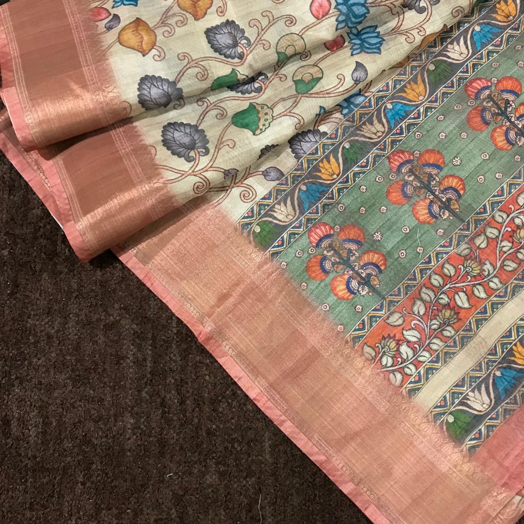 Pen kalamkari digital printed semi soft tussar silk saree