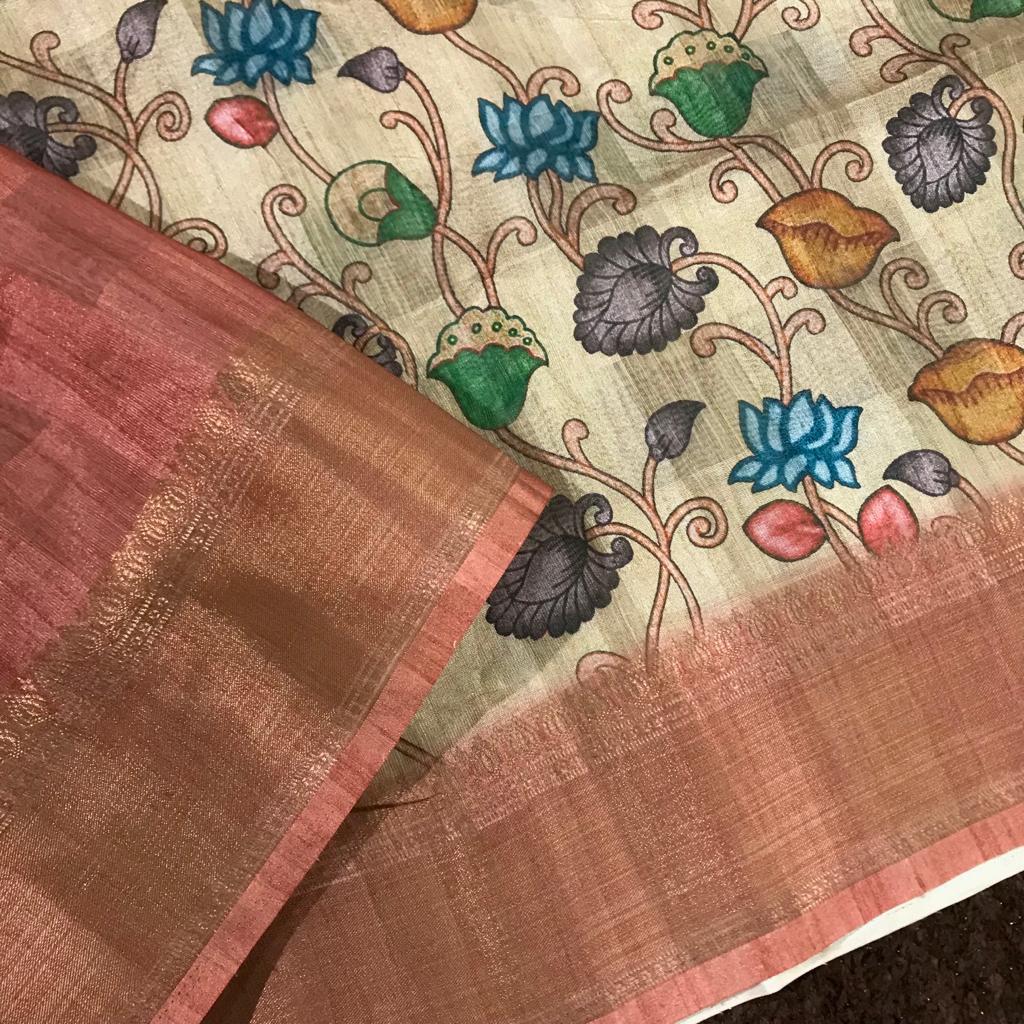 Pen kalamkari digital printed semi soft tussar silk saree