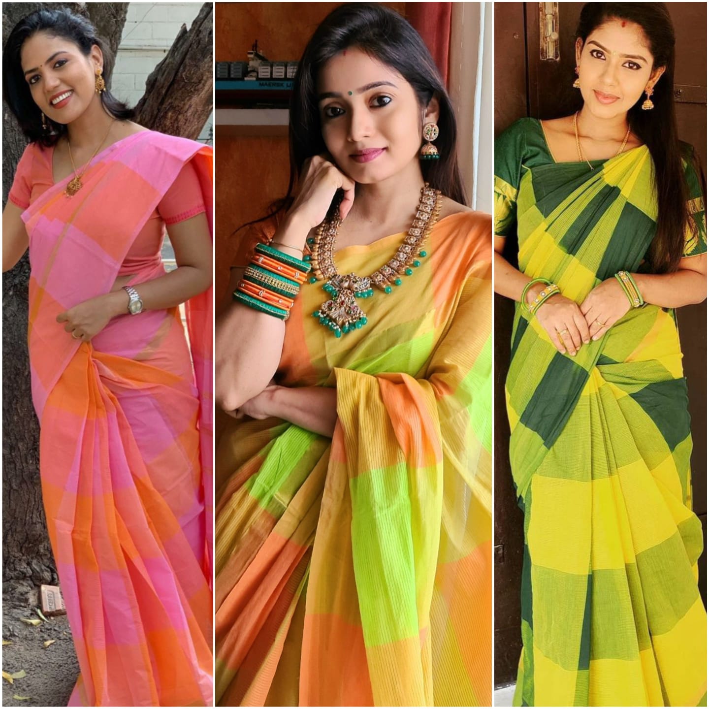 Cotton Tangail Tant Check Saree With Blouse Piece For Women - Multicolor -  TTS-139