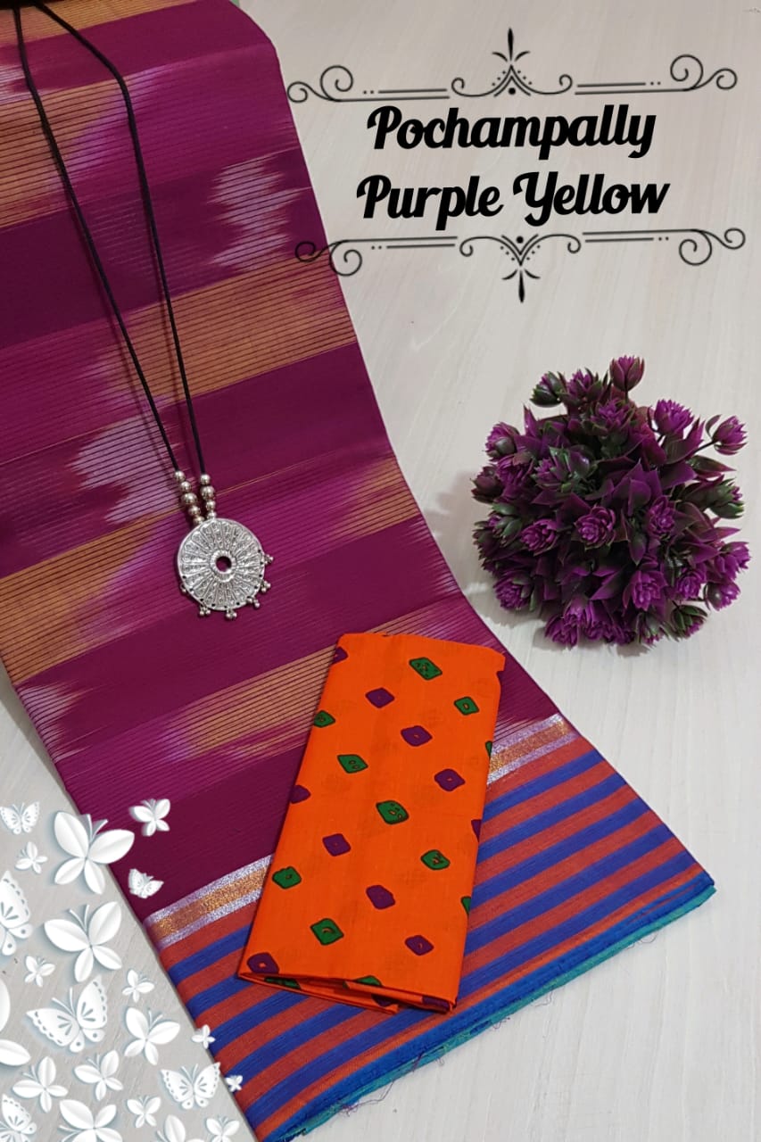 Pure cotton pochampally ikkat design double colors saree