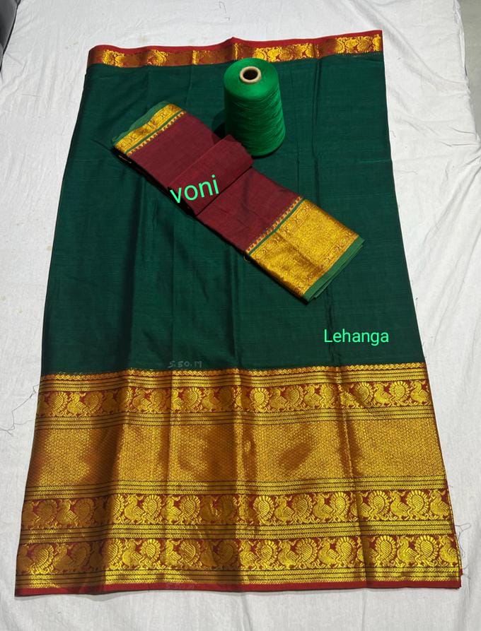 Meena's online Sarees Collection - Rs.4400 Half saree sets Pure tissue  paitani weaving Lehangas with contrast blouse and contrast cut work voni  Lehanga : 3 meters Blouse : 90 cm Voni : 2.5 meters | Facebook