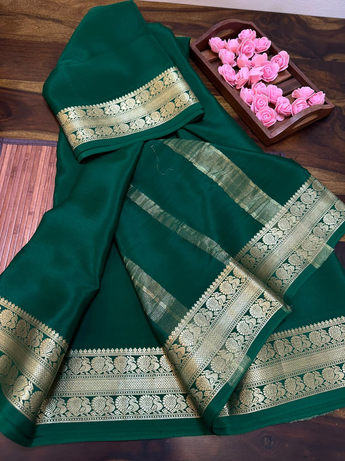 Pine green argyle design embossed mysore silk saree, self-zari border &  pallu of intricate zari designs