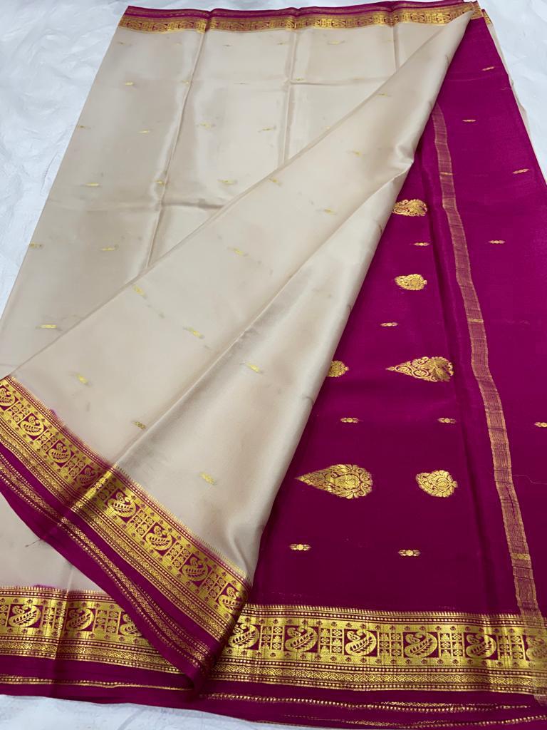 Cream Pure Mysore Crepe Silk Saree 02 – Kumaran Silks