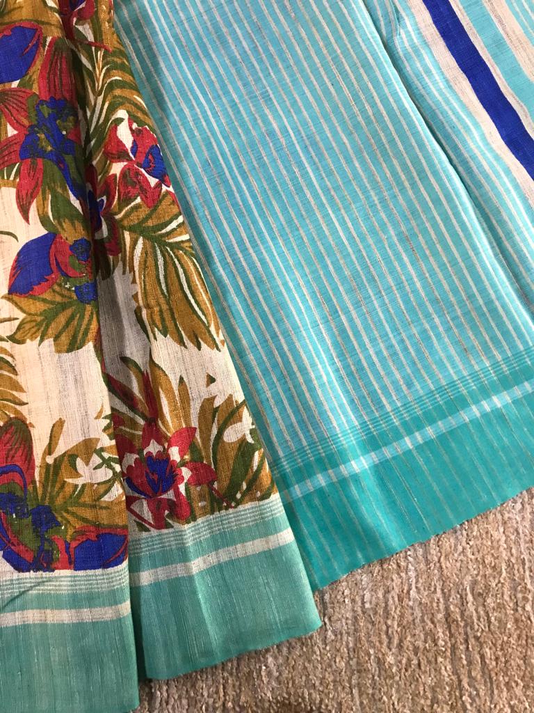 Purely handwoven floral printed ghicha tussar silk saree