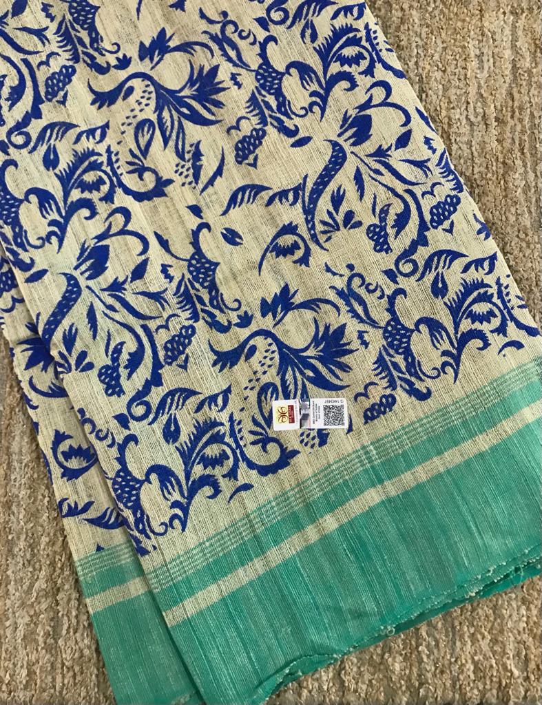 Indooja: Printed Ghicha Tusser Silk Saree - Pink Blue