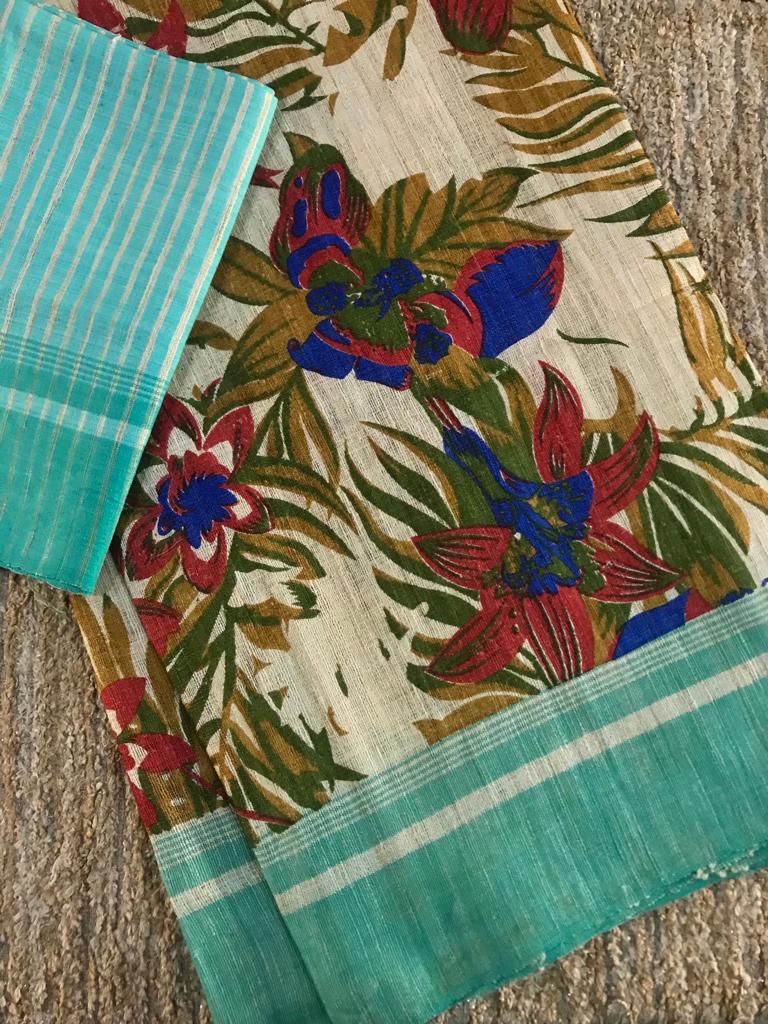 Purely handwoven floral printed ghicha tussar silk saree